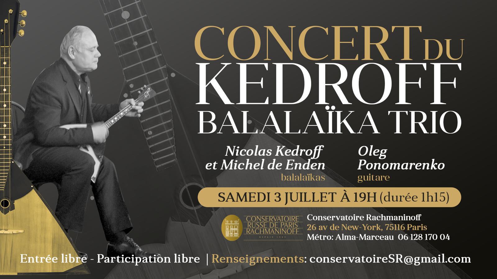 Affiche. Conservatoire Rachmaninoff. Concert du Kedroff balalaïka trio. 2021-07-03